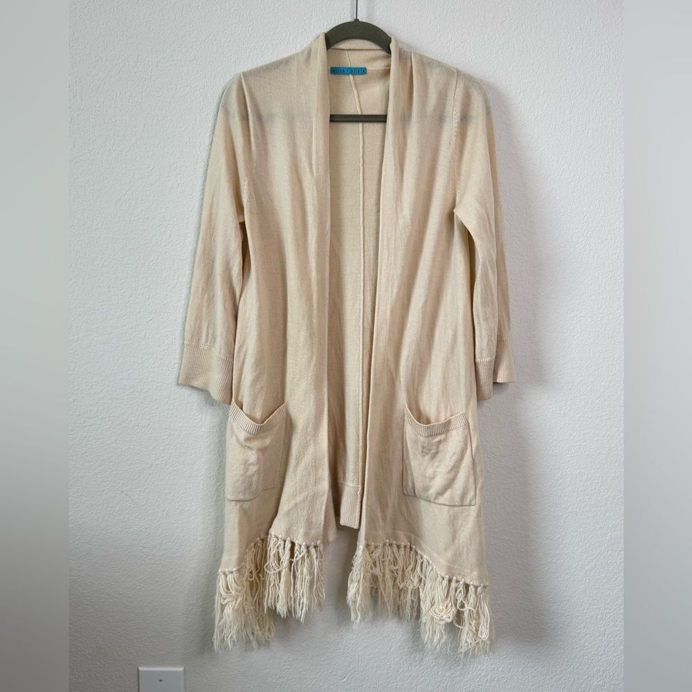 Alice + Olivia Women’s Beige 100%‎ Wool Fringe Hem Open Front Long Cardigan S/M